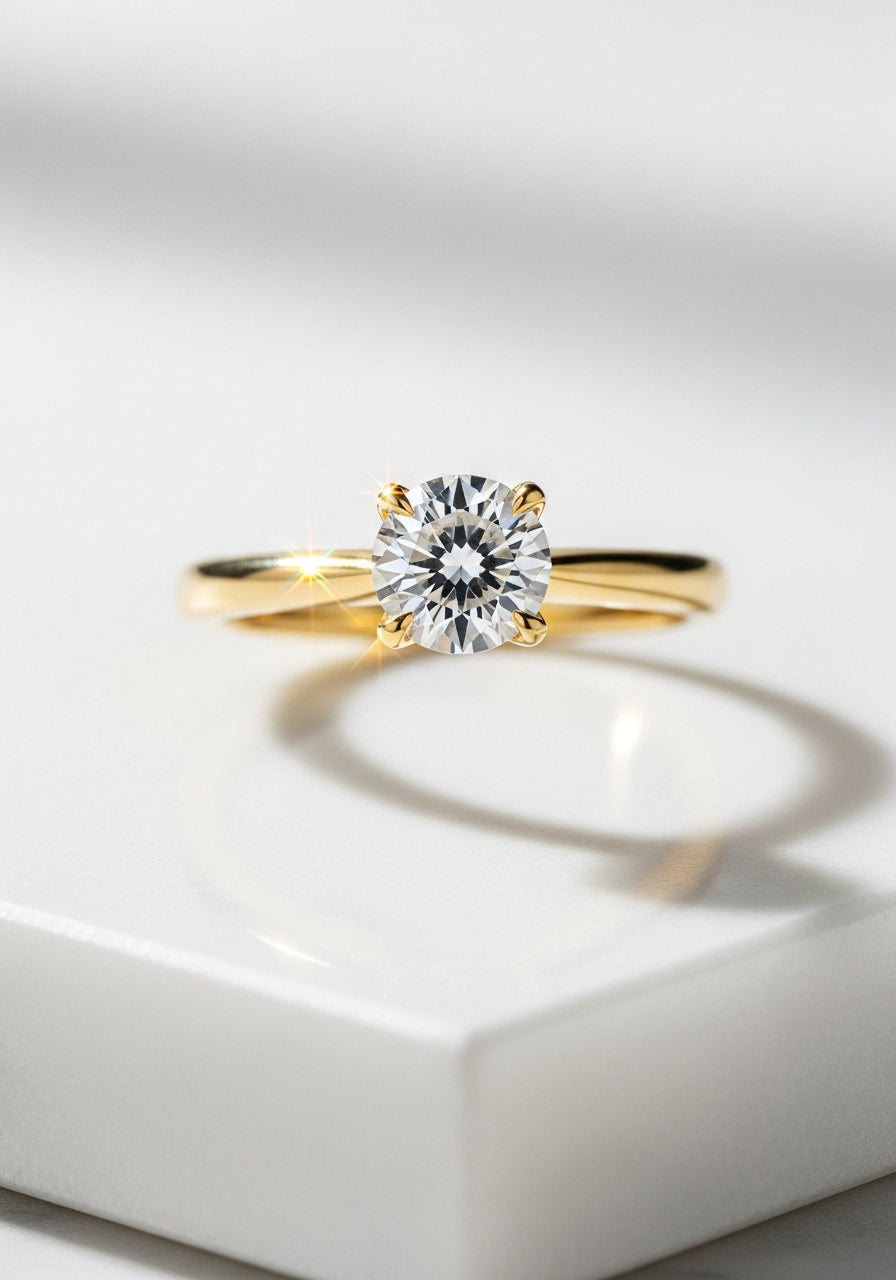 Anillo de compromiso con diamante blanco en oro 18K — editorial de lujo sobre mármol